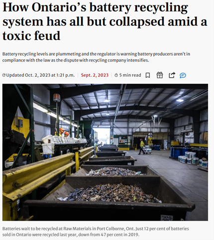 Battery Recycling Feud in Ontario News Article